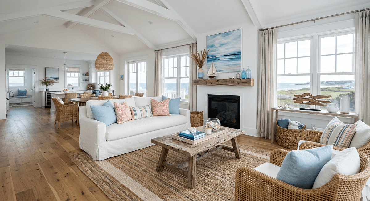 Home staging virtual estilo costero — Salón