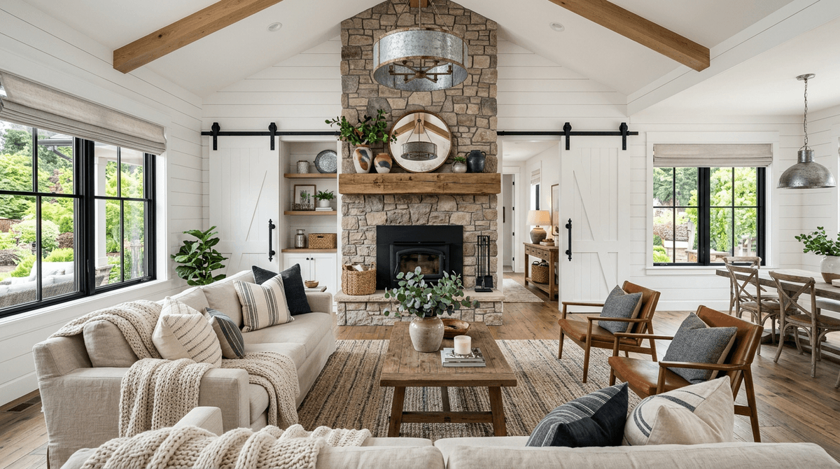 Home staging virtuale stile farmhouse — Soggiorno