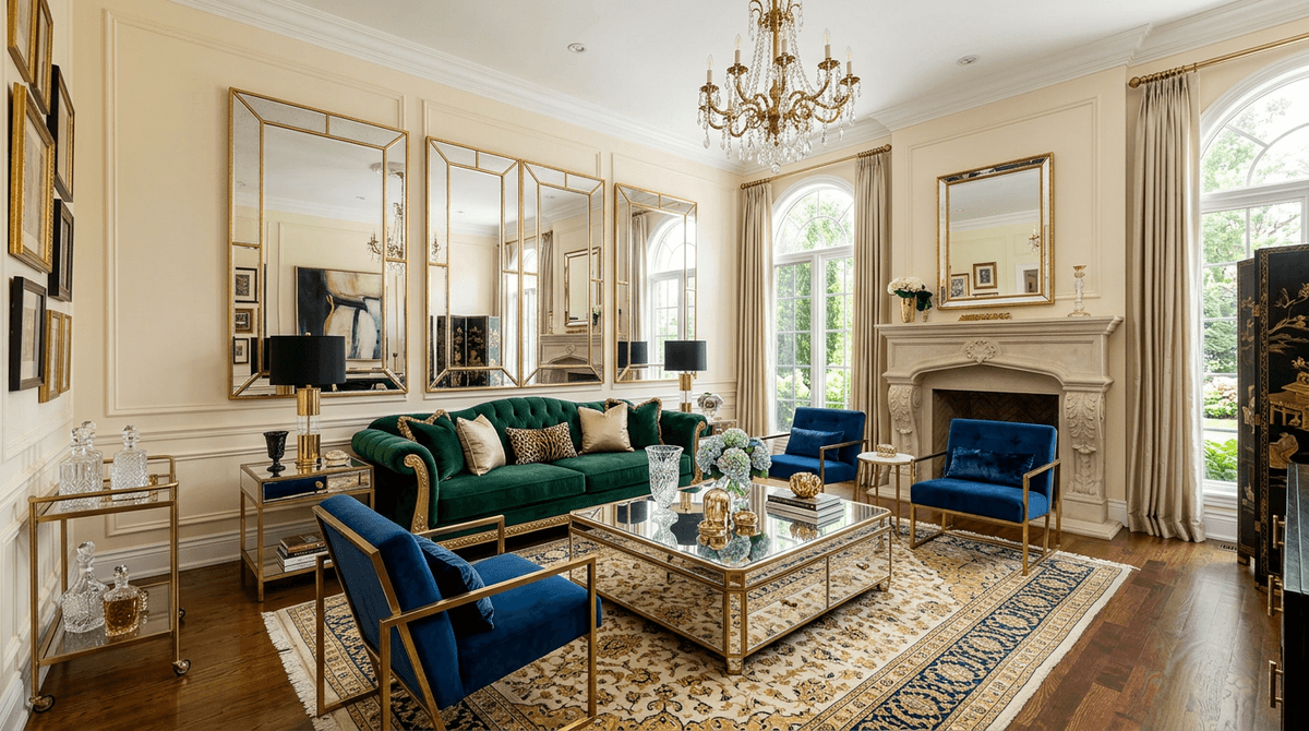 Home staging virtuale stile Hollywood Regency — Soggiorno