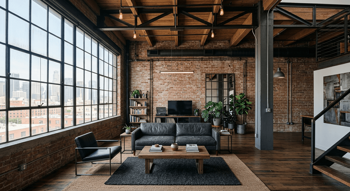 Virtuele home staging in industriele stijl — Woonkamer