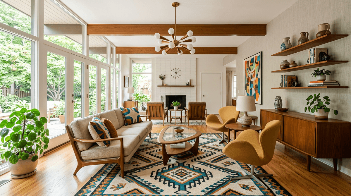 Virtuelles Home Staging im Mid-Century-Modern-Stil — Wohnzimmer