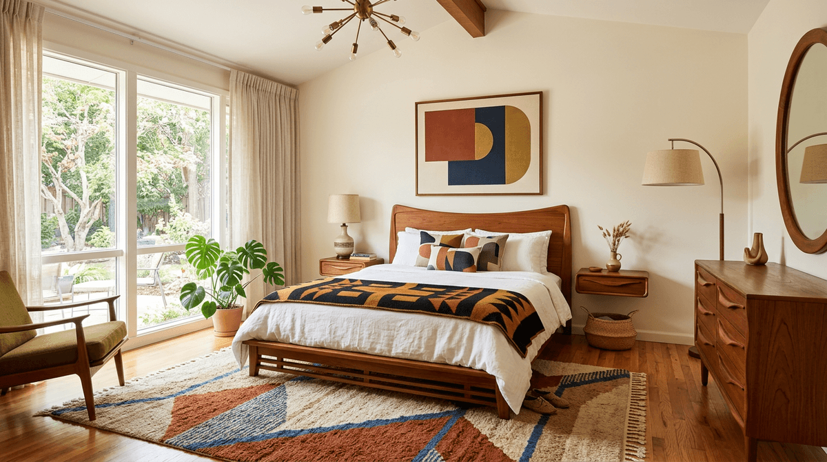 Virtuelles Home Staging im Mid-Century-Modern-Stil — Schlafzimmer