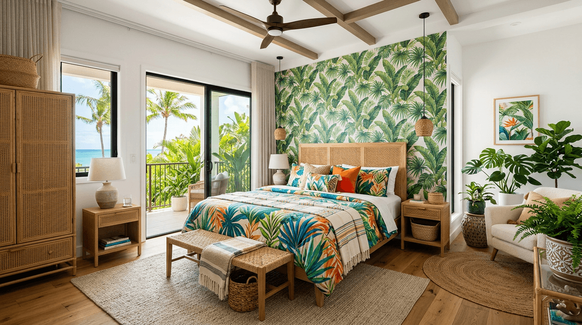 Home staging virtuale stile tropicale — Camera da letto