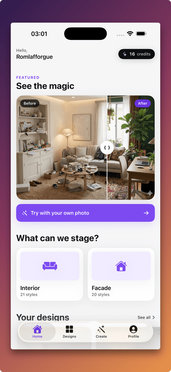 Lift My Place iOS app home screen on iPhone