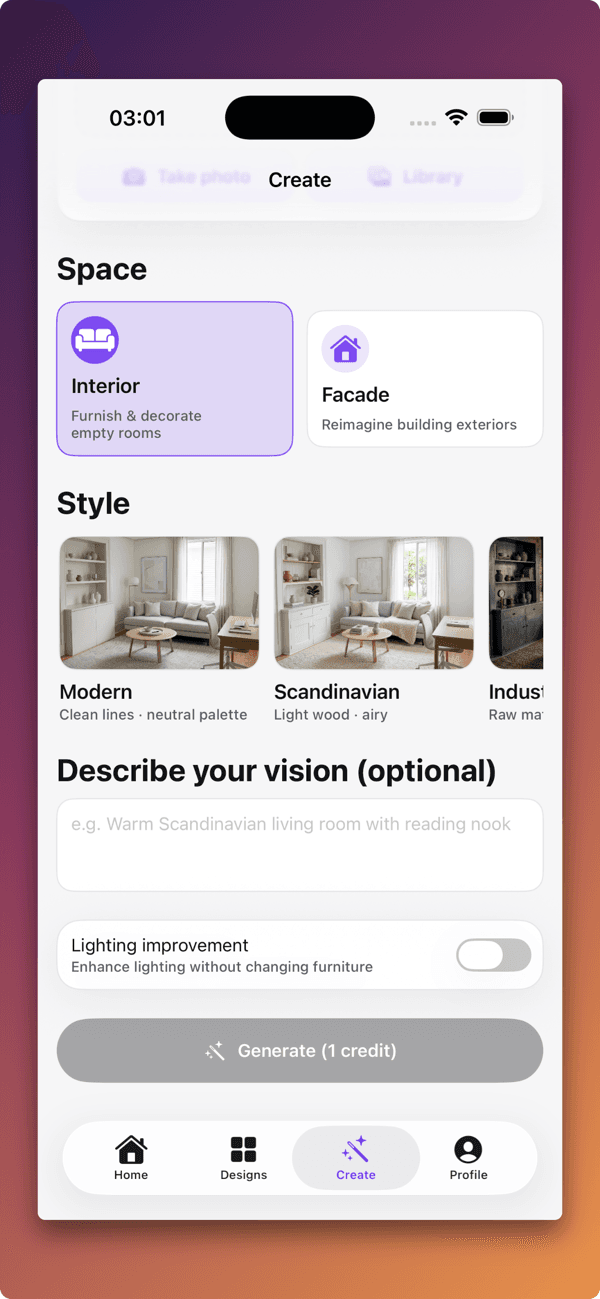 AI home staging render generated inside the iOS app